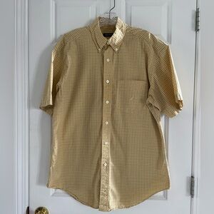 Nautica Mens Sanded Poplin Button Down Shirt Large Yellow Plaid Short Sleeve